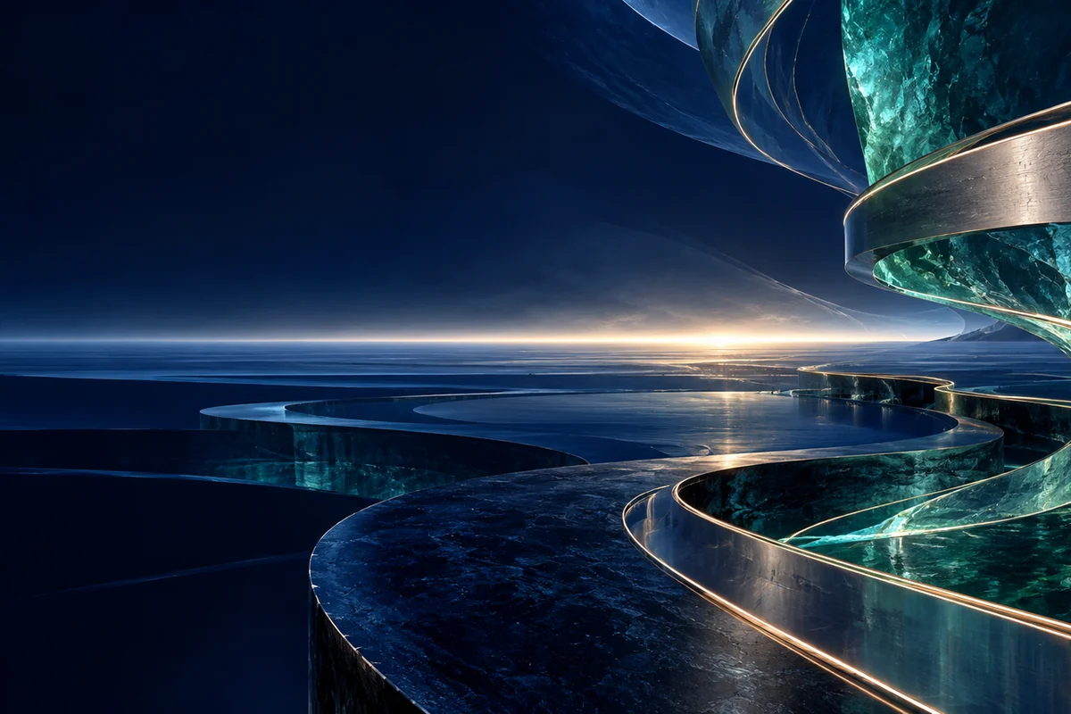Abstract ultramarine horizon and sea-green line forms