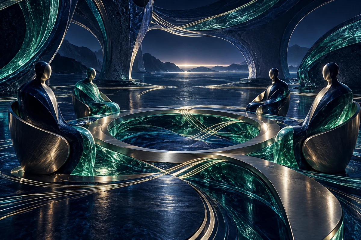 Sea-green resin markers linked across a dark horizon