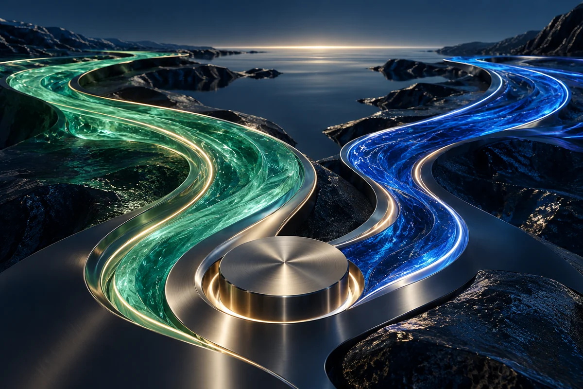 Two independent luminous paths divided by a marine-blue plane