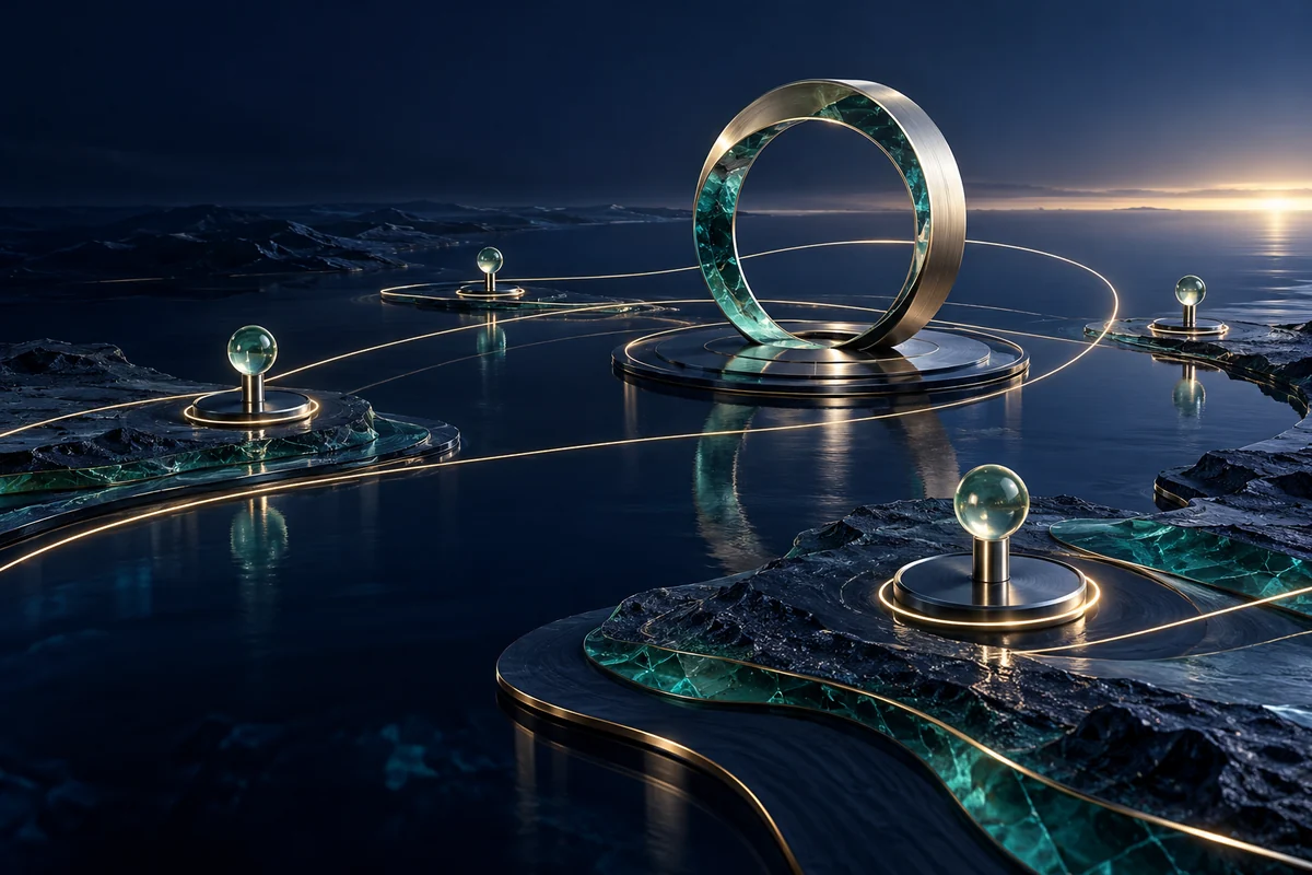Translucent sea-green forms arranged around an open central question